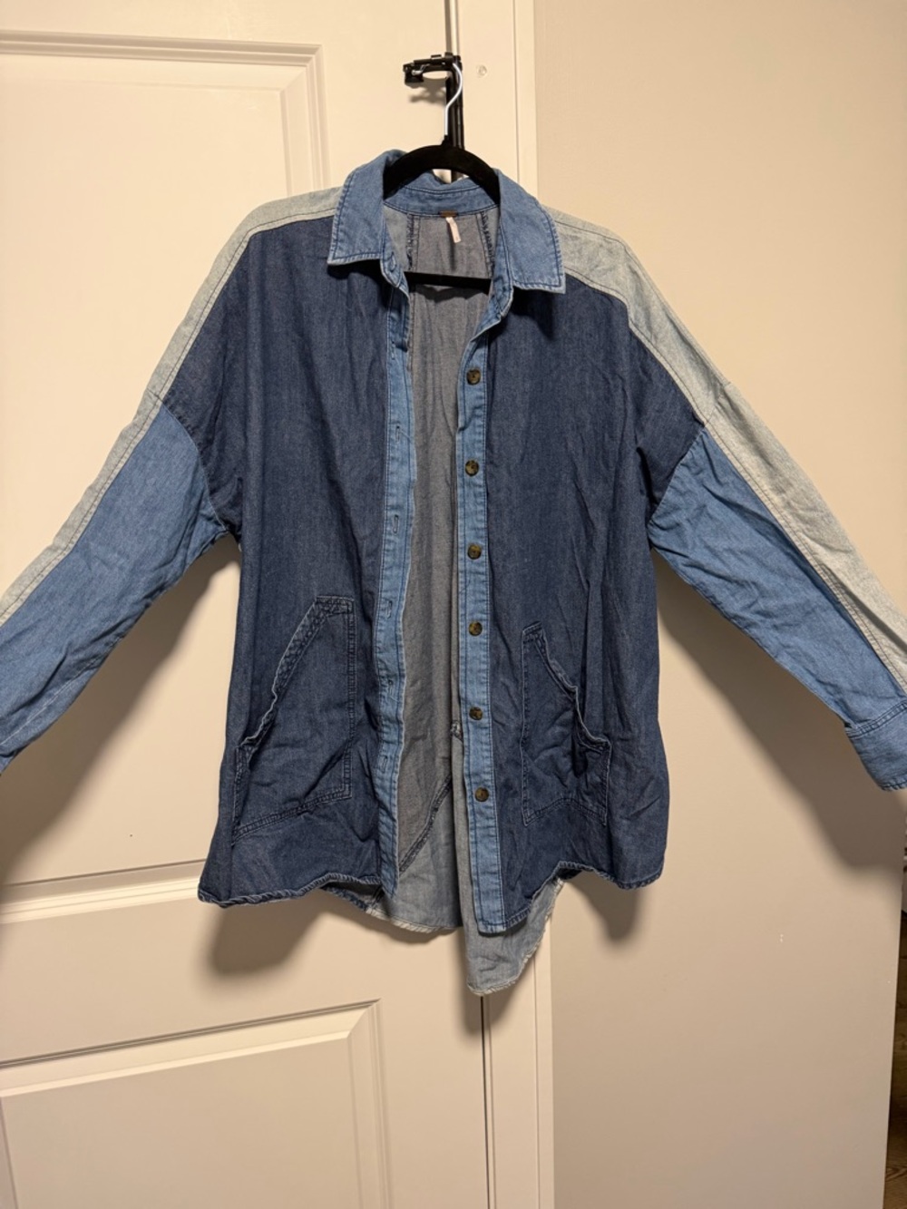 Free People Two-Tone Patchwork Denim Shirt Jacket - Blue - Picture 7 of 9